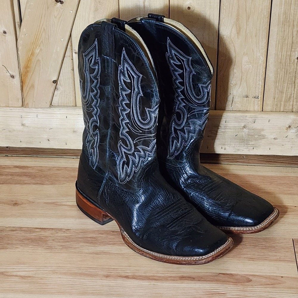 Cavenders Mens Black Ostrich Leg Square Toe Western Cowboy Boots 10.5 EE
